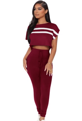 Red Stripe Cap Sleeve Crop Top and Drawstring Pants Two Piece Set