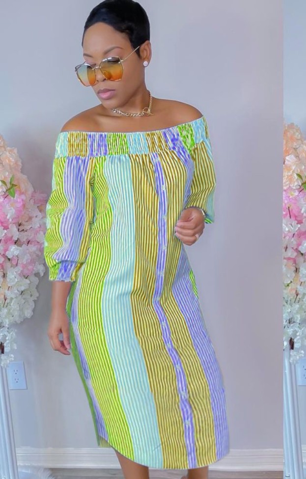 Polychrome Stripe Off Shoulder Half Sleeve Blouse Midi Dress