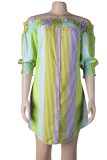 Polychrome Stripe Off Shoulder Half Sleeve Blouse Short Dress