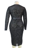 Plus Size Print Black Leopard See Through Wrap Long Slinky Dress