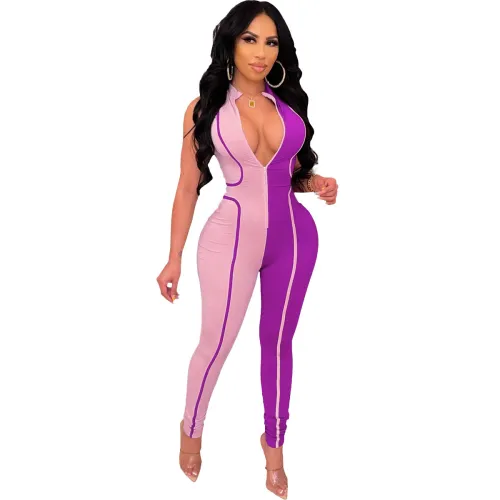 Colorblock Purple Sports Tight Jumpsuit