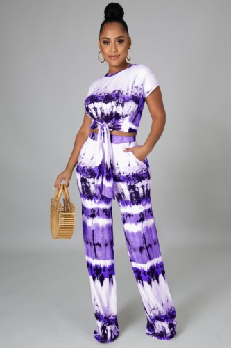 Print Paints Knotted Short Sleeve Crop Top and Pants Two Piece Set