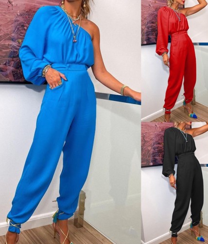 Blue One Shoulder Long Puff Sleeve Shirt and Pants Two Piece Set