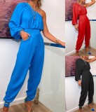 Blue One Shoulder Long Puff Sleeve Shirt and Pants Two Piece Set