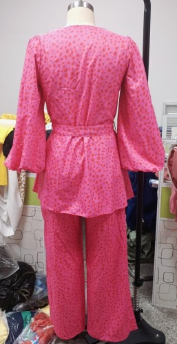 Pink Print Bubble Sleeve Shirt and Pants Two Piece Set with Belt