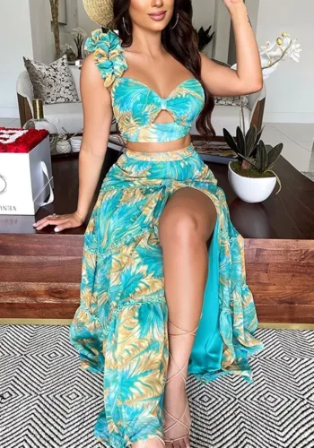 Print Green One Shoulder Hole Crop Top and Long Slit Skirt Two Piece Set