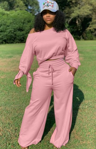 Pink Long Sleeve Crop Top and High Waist Drawstring Pants 2PC Cover-Ups