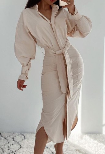 White Puff Sleeve Long Dress with Matching Belt