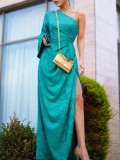 Floral Green One Shoulder Slit Maxi Evening Dress