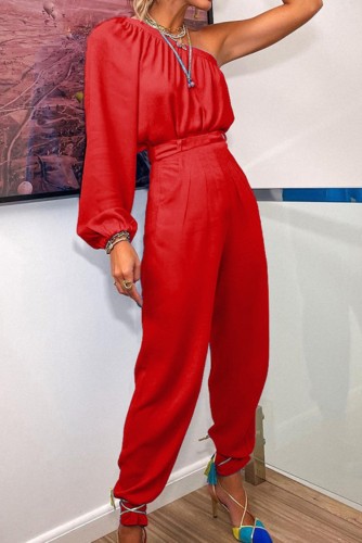 Red One Shoulder Long Puff Sleeve Shirt and Pants Two Piece Set