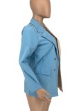 Formal Blue and Khaki Contrast Long Sleeves Blazer