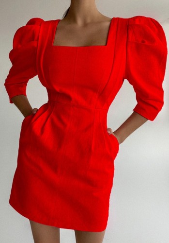 Red Square Neck Bubble Sleeve Tight Short Dress