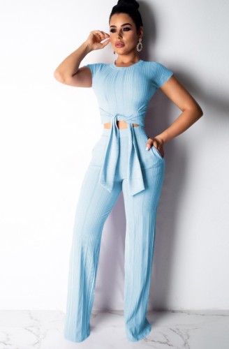 Blue Ribbed Knotted Short Sleeve Crop Top and Pants Two Piece Set