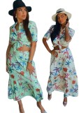 Starfish Printed Green Short Sleeve Blouse and Long Skirt Two Piece Set