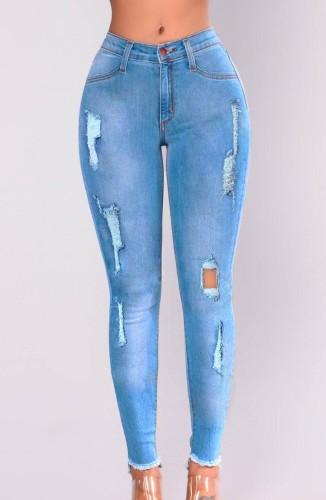 Casual Blue Ripped Distressed Bodycon Jeans