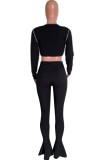 Black Hollow Out Lace Up Long Sleeve Crop Top and Pant Two Piece Set