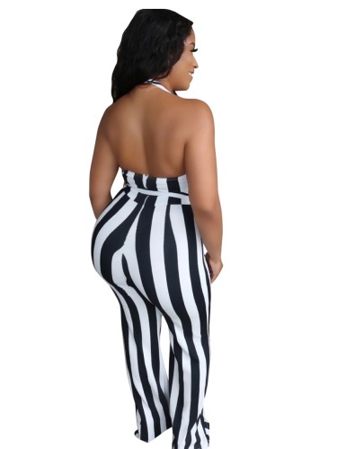 Wide Stripes Low Back Halter Tight Jumpsuit with Matching Belt