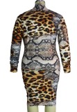 Plus Size Print Leopard Deep-V Scrunch Midi Sheath Dress