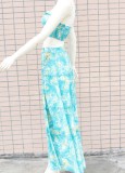 Print Green One Shoulder Hole Crop Top and Long Slit Skirt Two Piece Set