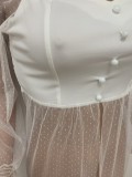 White Dot Print Mesh Patch Long Sleeve Slit Maxi Dress