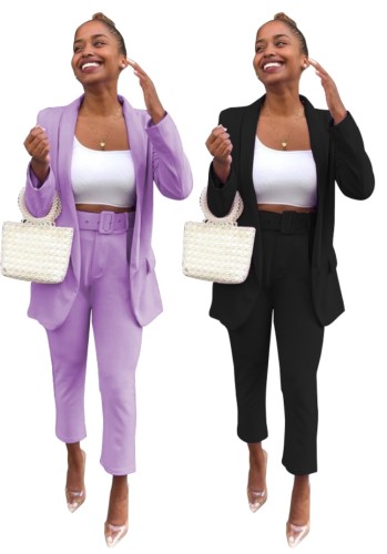 Purple Long Sleeve Blazer and Matching Pants Two Piece Set