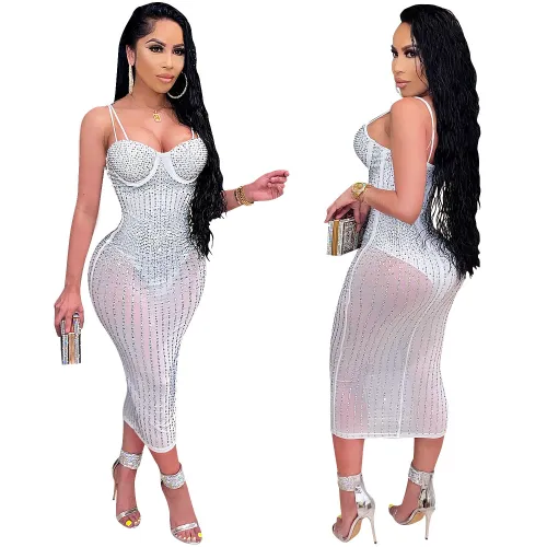 Sexy White Rhinestone Double Straps Bodyon Midi Dress