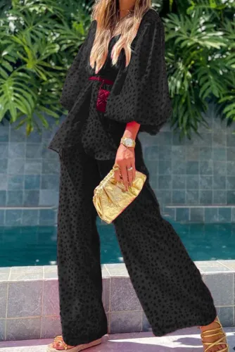 Black Print Bubble Sleeve Shirt and Pants Two Piece Set with Belt