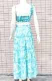 Print Green One Shoulder Hole Crop Top and Long Slit Skirt Two Piece Set
