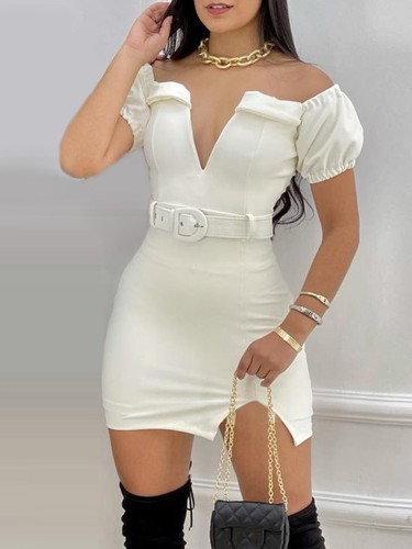 White Off Shoulder Deep-V Slit Mini Dress with Matching Belt