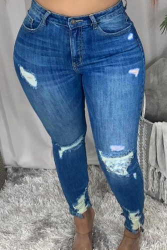 Casual Blue Distressed High Waist Bodycon Jeans