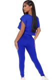 Blue Stripe Cap Sleeve Crop Top and Drawstring Pants Two Piece Set