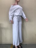 Grey Long Sleeve Crop Top and High Waist Drawstring Pants 2PC Cover-Ups
