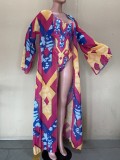 Africa Print One-Piece Slim Fit Swimwear with Matching Long Sleeve Maxi Cover-Ups