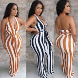 Wide Stripes Low Back Halter Tight Jumpsuit with Matching Belt