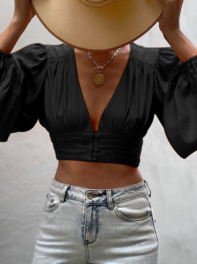 Black Long Puff Sleeve V-Neck Ruched Crop Top