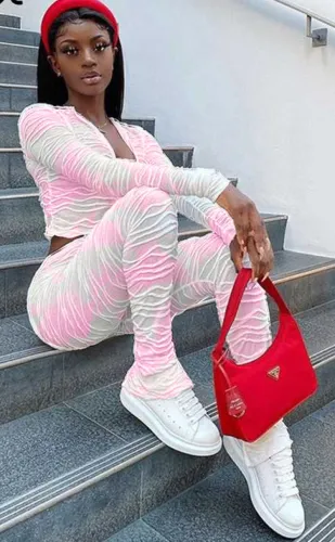 Tie Dye Pink Long Sleeve Scrunch Crop Top and Pants Two Piece Set
