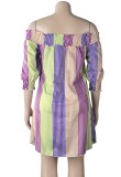 Polychrome Stripe Off Shoulder Half Sleeve Blouse Short Dress