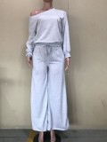 Grey Long Sleeve Crop Top and High Waist Drawstring Pants 2PC Cover-Ups
