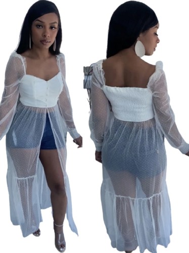 White Dot Print Mesh Patch Long Sleeve Slit Maxi Dress