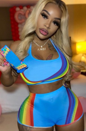 Sports Rainbow Tank Crop Top and Shorts Two Piece Set