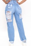 Casual Distressed High Waist Loose Blue Jeans