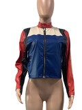Color Block Long Sleeves Zipper Up Leather Jacket