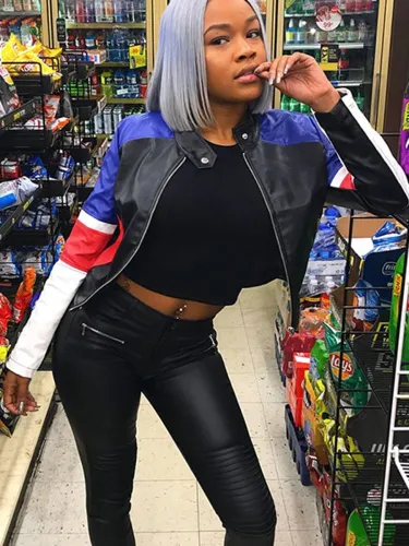 Color Block Long Sleeves Zipper Up Leather Jacket