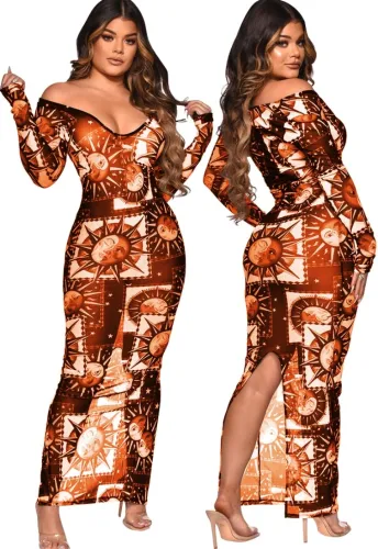 Print See Through Mesh Off Shoulder Slit Maxi Dress