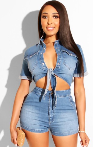 Blue Denim Knotted Short Sleeve Crop Top and Shorts Two Piece Set