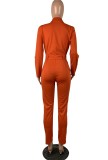 Button Up Orange Long Sleeve Turndown Collar Office Jumpsuit with Belt