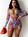 Print Sexy Bra and Mini Drawstring Ruched Skirt Two Piece Outfits