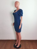 Blue Square Neck Bubble Sleeve Tight Short Denim Dress