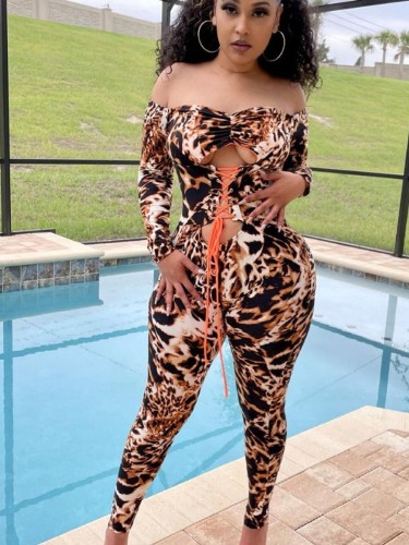 Sexy Lace-Up Leopard Off Shoulder Skinny Jumpsuit