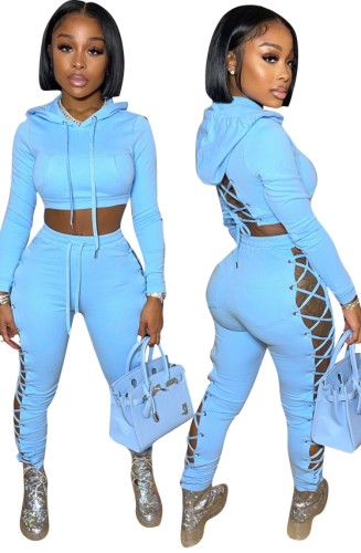 Blue Lace Up Hoody Crop Top and Sexy Pant Two Piece Set